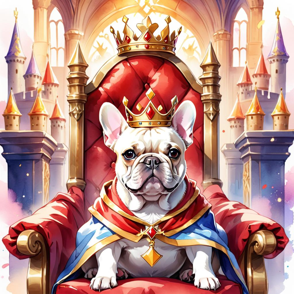 watercolor painting of french bulldog as a king in a magical castle, wearing a crown and robe, seated on a throne.