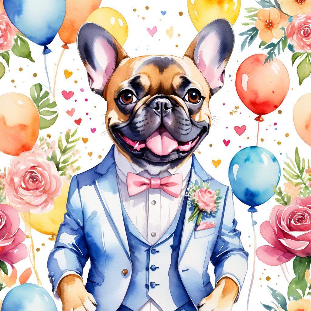 watercolor painting of french bulldog at a wedding in a beautiful wedding suit, looking cute and happy in a vibrant, detailed style.