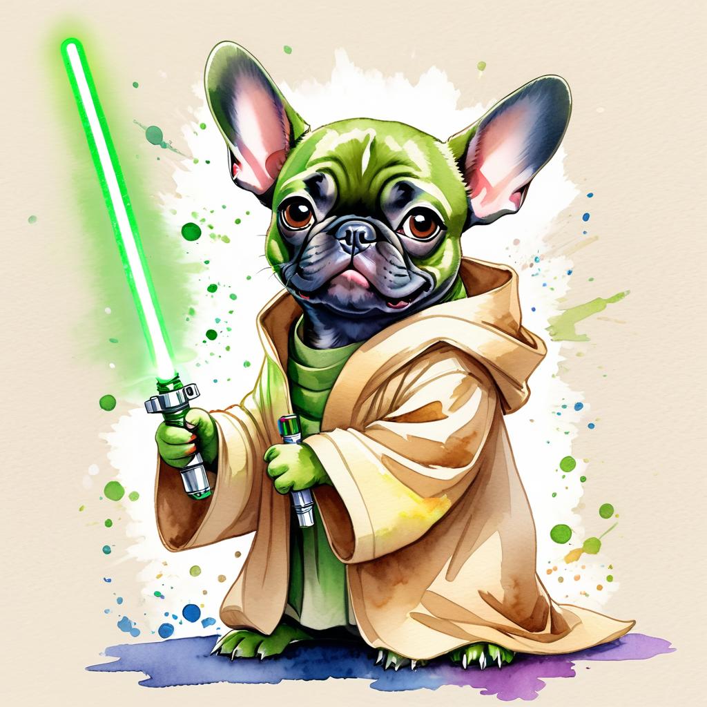 watercolor painting of french bulldog as yoda from star wars, holding a green lightsaber in a cinematic star wars scene.