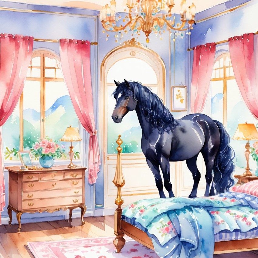 watercolor illustration of friesian horse in cute pyjamas, relaxing in a posh bedroom, capturing a vibrant and happy scene.