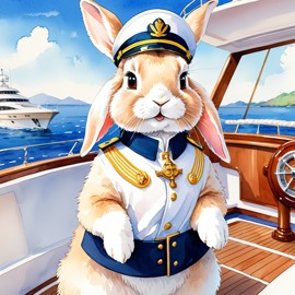 watercolor painting of american fuzzy lop rabbit as a captain on a luxury yacht, wearing captain uniform, vibrant and detailed.