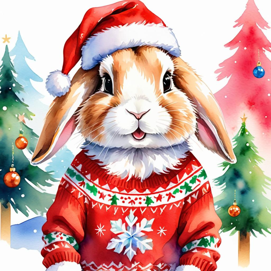 watercolor painting of american fuzzy lop rabbit in a christmas sweater and santa hat, festive and vibrant.