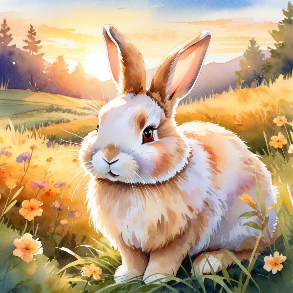 watercolor painting of american fuzzy lop rabbit in golden hour light, showcasing vibrant colors and a happy nature scene in a highly detailed illustration.