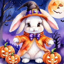 watercolor illustration of american fuzzy lop rabbit in a halloween costume with a vibrant and festive atmosphere surrounded by pumpkins.