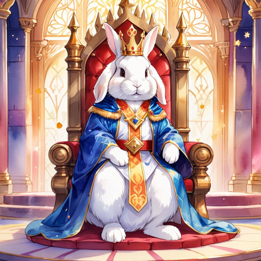 watercolor painting of american fuzzy lop rabbit as a king in a magical castle, wearing a crown and robe, seated on a throne.