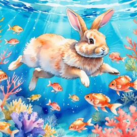 watercolor painting of american fuzzy lop rabbit swimming in a beautiful blue ocean with colorful fish and coral reef, capturing a happy and vibrant underwater scene.