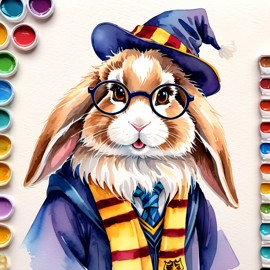 watercolor painting of american fuzzy lop rabbit as harry potter, complete with glasses and hogwarts backdrop, highlighting a vibrant and magical scene.