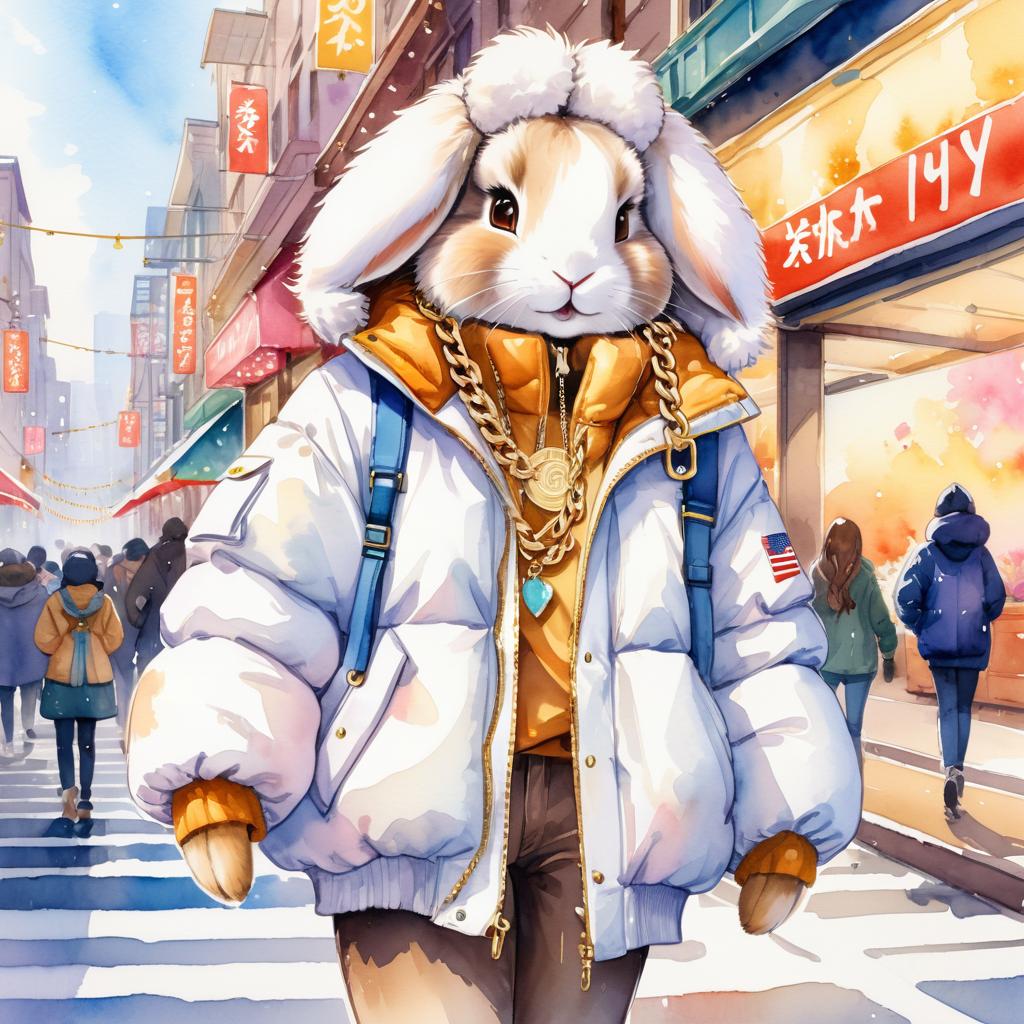 watercolor painting of american fuzzy lop rabbit in a white puffer coat with golden hip hop chains, set in a posh urban environment.