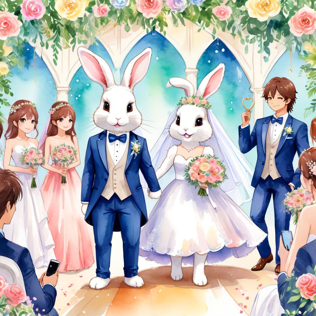 watercolor painting of american fuzzy lop rabbit at a wedding in a beautiful wedding suit, looking cute and happy in a vibrant, detailed style.