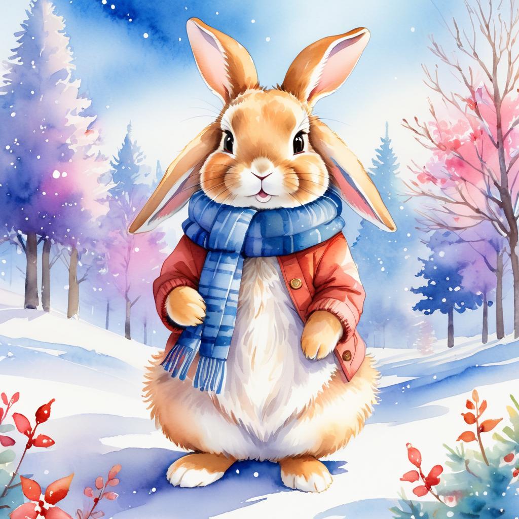 watercolor painting of american fuzzy lop rabbit in a beautiful winter scene, wearing stylish winter clothing, looking cute and happy.