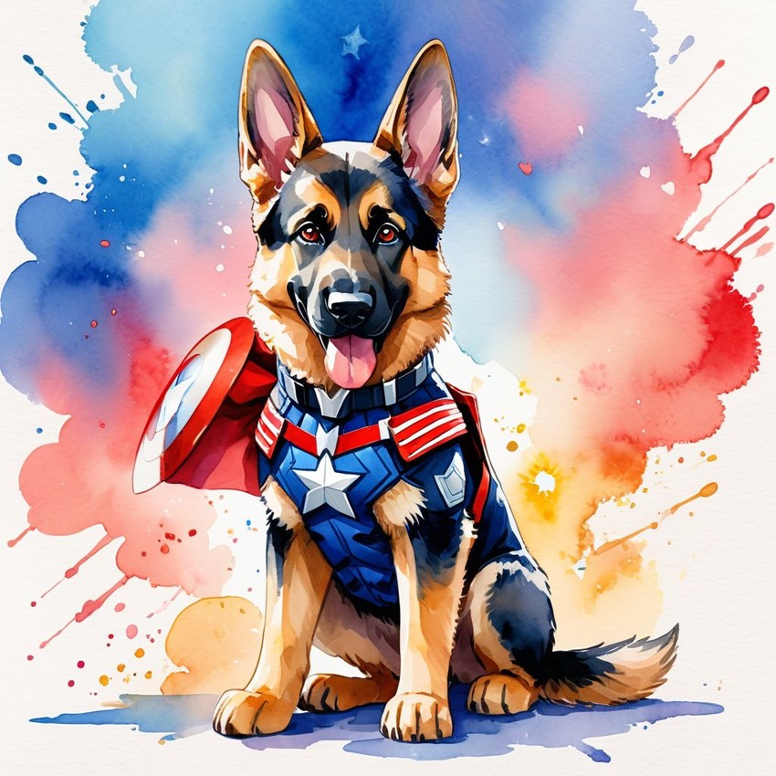 watercolor painting of german shepherd as captain america from avengers, vibrant and detailed.