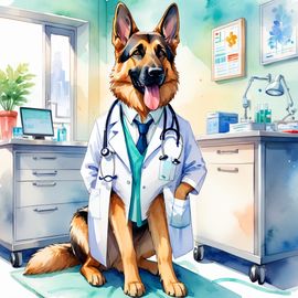 watercolor painting of german shepherd as a doctor in a hospital, vibrant and highly detailed, in a studio anime style.