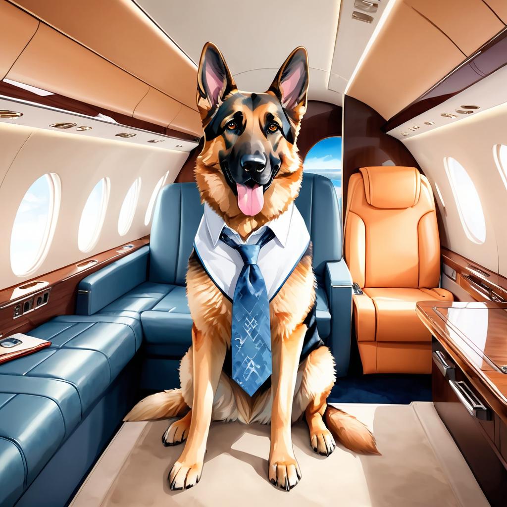 watercolor illustration of german shepherd in a gulfstream private jet, dressed in elegant clothing, capturing a posh and vibrant scene.