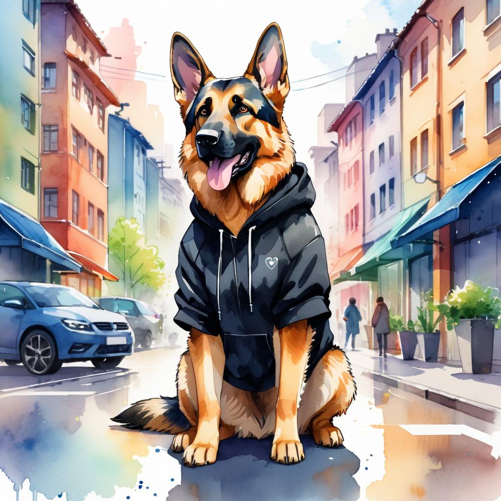 watercolor painting of german shepherd in a black hoodie, showcasing a vibrant urban environment with a cute and happy appearance.