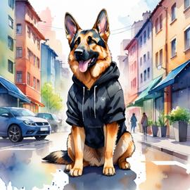 watercolor painting of german shepherd in a black hoodie, showcasing a vibrant urban environment with a cute and happy appearance.