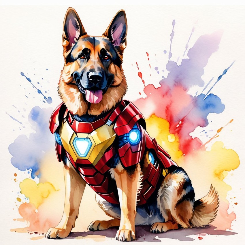 watercolor painting of german shepherd as iron man, featuring a vibrant and detailed iron man costume in an artistic style.