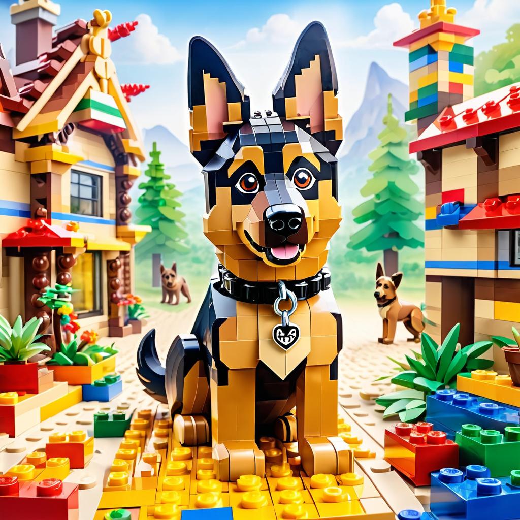 watercolor painting of german shepherd as lego bricks, vibrant and detailed in a playful lego environment.