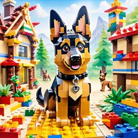 watercolor painting of german shepherd as lego bricks, vibrant and detailed in a playful lego environment.