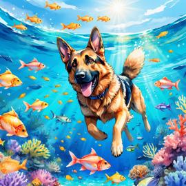 watercolor painting of german shepherd swimming in a beautiful blue ocean with colorful fish and coral reef, capturing a happy and vibrant underwater scene.