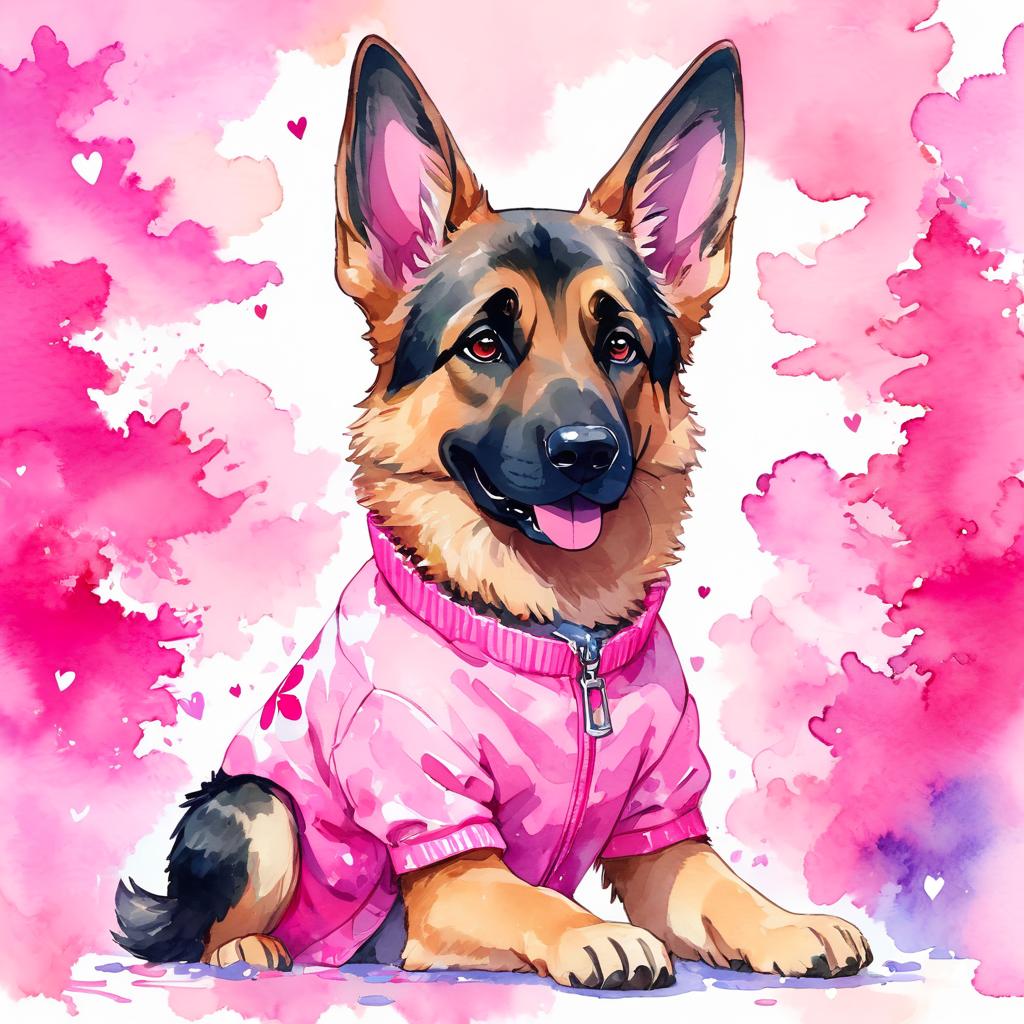 watercolor illustration of german shepherd in pink clothing, set in a beautiful pink scene, looking happy and vibrant.