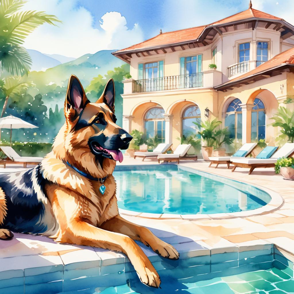 watercolor illustration of german shepherd suntanning next to a luxurious villa pool, capturing a posh and vibrant scene.