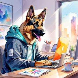 watercolor illustration of german shepherd as a programmer, working on a laptop in a hoodie, capturing a cute and vibrant scene.