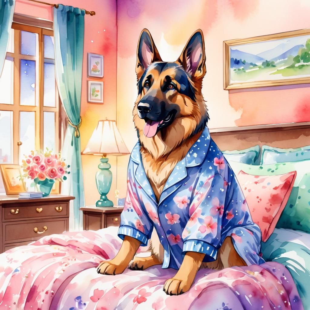 watercolor illustration of german shepherd in cute pyjamas, relaxing in a posh bedroom, capturing a vibrant and happy scene.