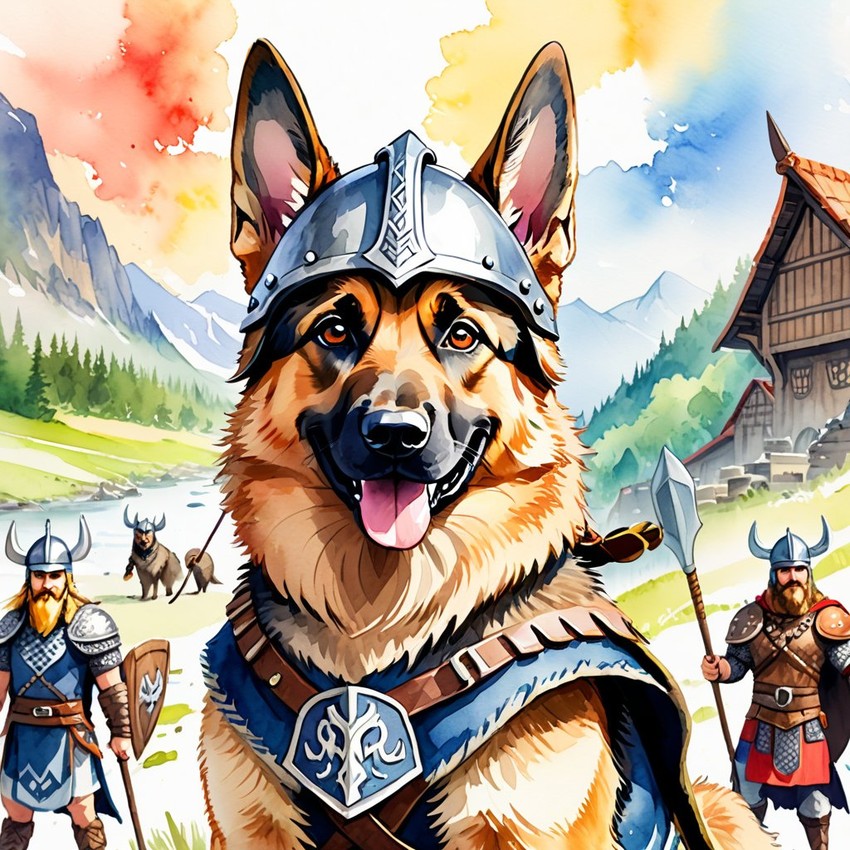 watercolor painting of german shepherd as a viking, wearing traditional armor and helmet, in a vibrant viking environment.