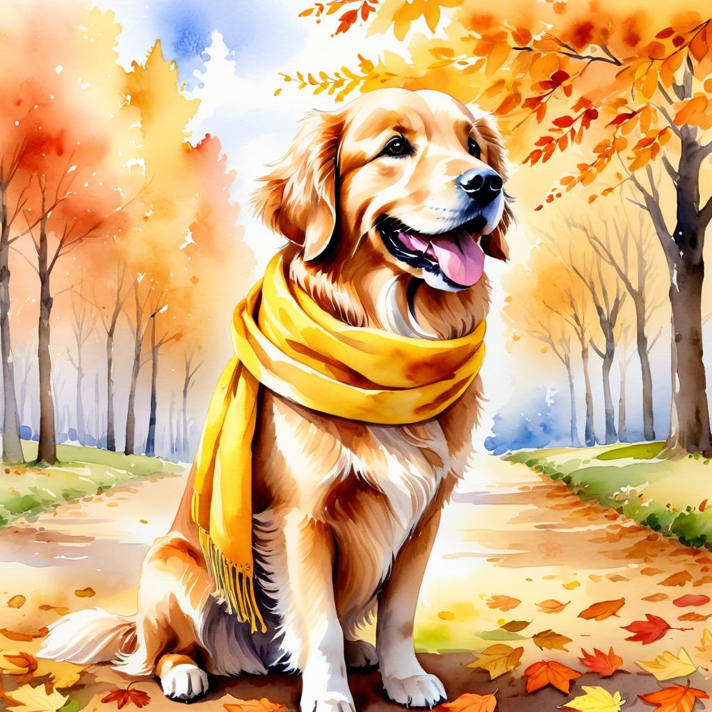 watercolor painting of golden retriever in autumn, wearing a yellow scarf, vibrant and detailed.