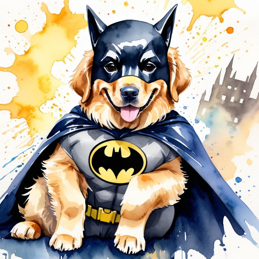 watercolor painting of golden retriever as batman, wearing batman suit and mask, vibrant and detailed.