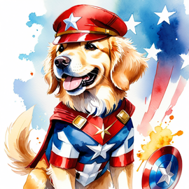 watercolor painting of golden retriever as captain america from avengers, vibrant and detailed.