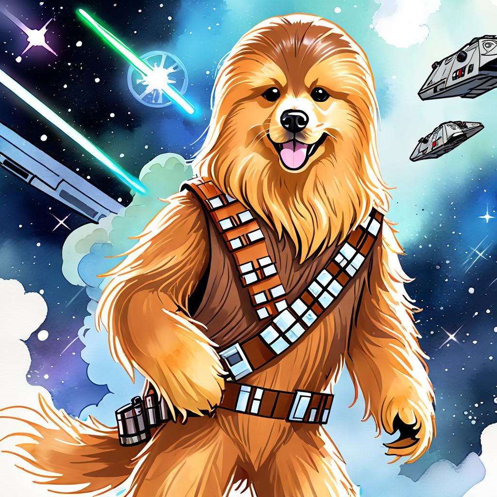 watercolor painting of golden retriever as chewbacca from star wars, in a star wars environment, vibrant and detailed.