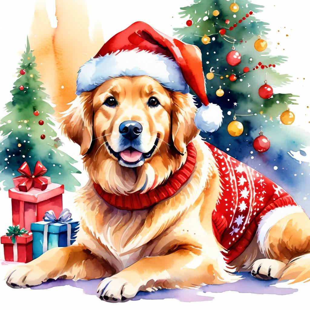 watercolor painting of golden retriever in a christmas sweater and santa hat, festive and vibrant.