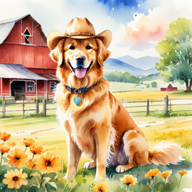 watercolor painting of golden retriever as a cowboy wearing a hat, in the midwest countryside, on a farm.