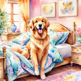 watercolor-golden-retriever-cute-pyjamas-posh-bedroom-2404eb3edfcc49998bc36ec40bab730c