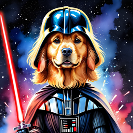 watercolor painting of golden retriever as darth vader from star wars, dressed as darth vader in a vibrant star wars scene.