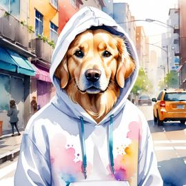 watercolor painting of golden retriever in a white hoodie, featuring a vibrant and detailed urban scene with a happy and cute look.