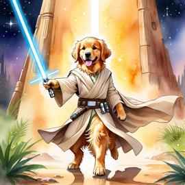 watercolor painting of golden retriever as a jedi knight, holding a lightsaber with a star wars backdrop in a vibrant, detailed style.