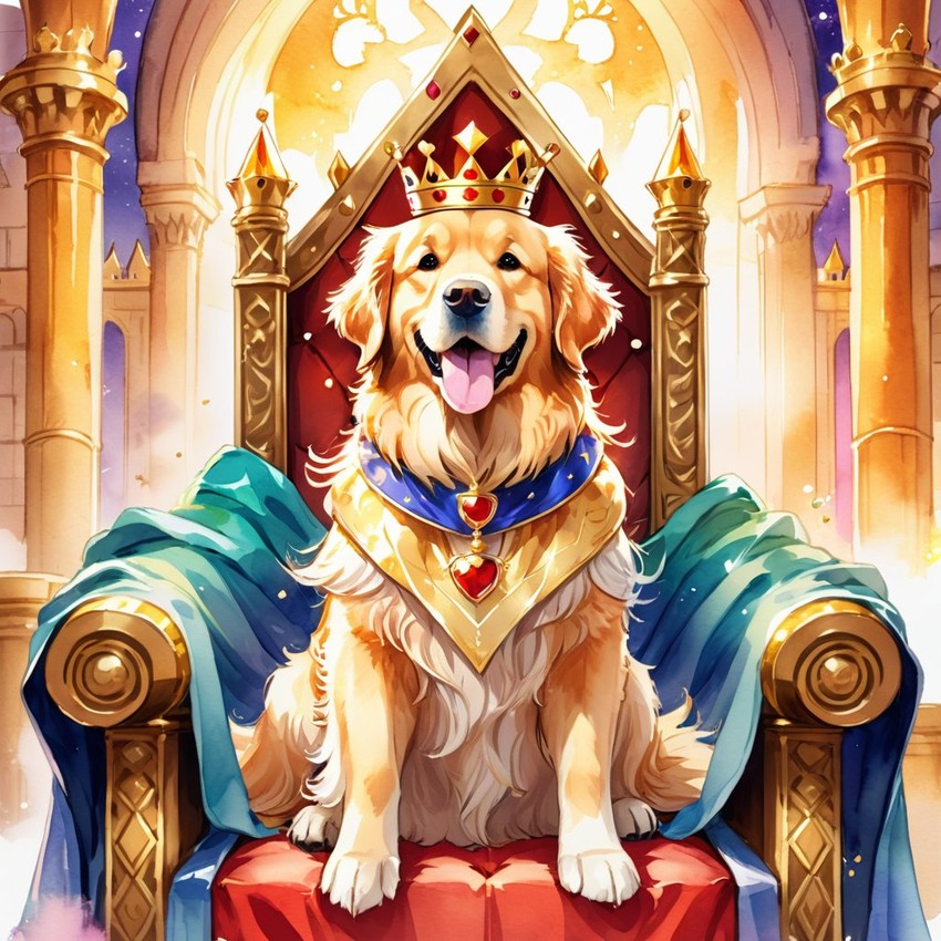 watercolor painting of golden retriever as a king in a magical castle, wearing a crown and robe, seated on a throne.