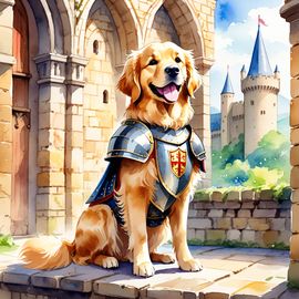 watercolor-golden-retriever-medieval-knight-vibrant-castle-eedc757d72784d8db3512baeb6fc3c19