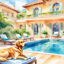 watercolor illustration of golden retriever suntanning next to a luxurious villa pool, capturing a posh and vibrant scene.