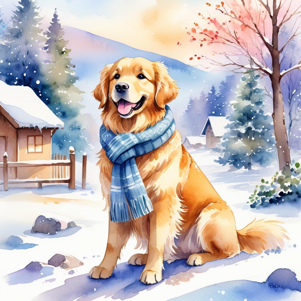 watercolor painting of golden retriever in a beautiful winter scene, wearing stylish winter clothing, looking cute and happy.