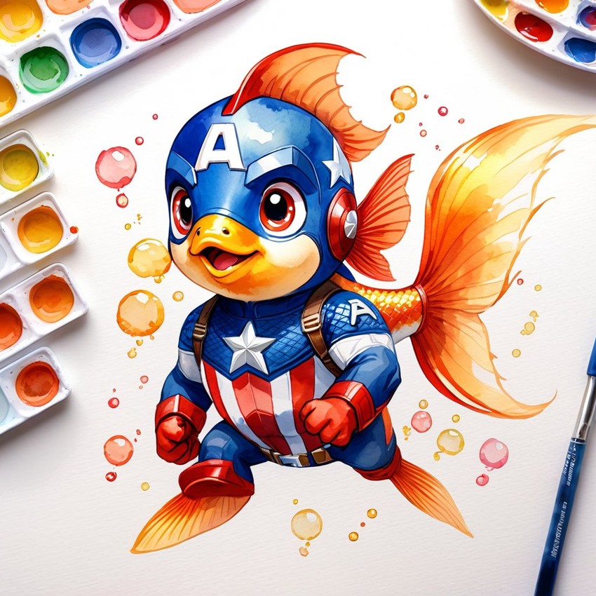 watercolor painting of goldfish fish as captain america from avengers, vibrant and detailed.