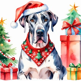 watercolor painting of great dane in a christmas sweater and santa hat, festive and vibrant.