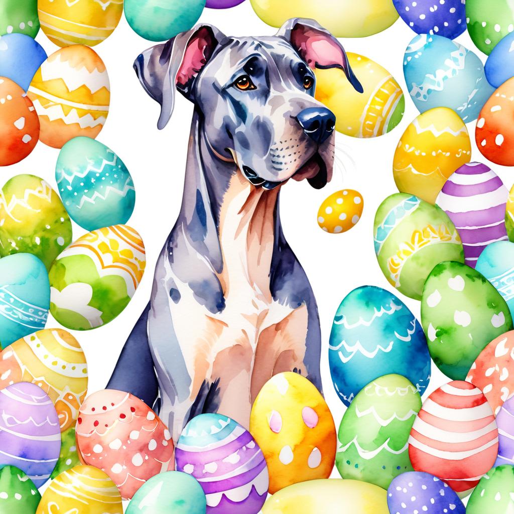 watercolor painting of great dane in a vibrant easter scene with colorful eggs, highly detailed and joyful.