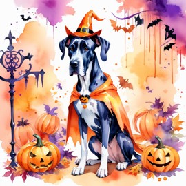 watercolor illustration of great dane in a halloween costume with a vibrant and festive atmosphere surrounded by pumpkins.