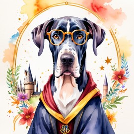 watercolor painting of great dane as harry potter, complete with glasses and hogwarts backdrop, highlighting a vibrant and magical scene.