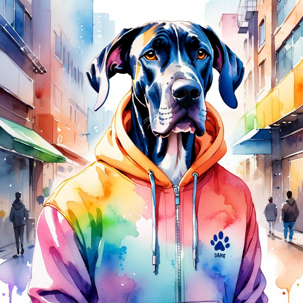 watercolor painting of great dane in a colorful hoodie, set in a vibrant urban setting, capturing a detailed and happy mood.