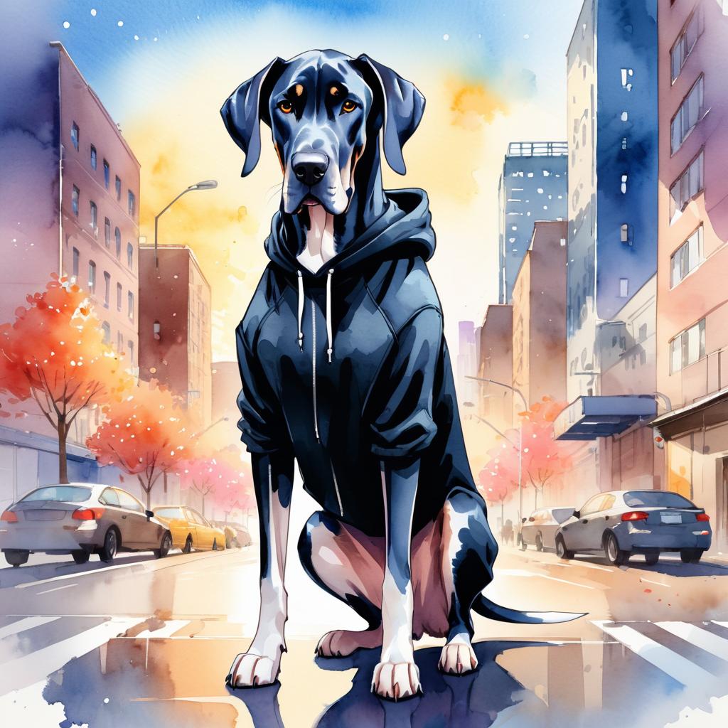 watercolor painting of great dane in a black hoodie, showcasing a vibrant urban environment with a cute and happy appearance.