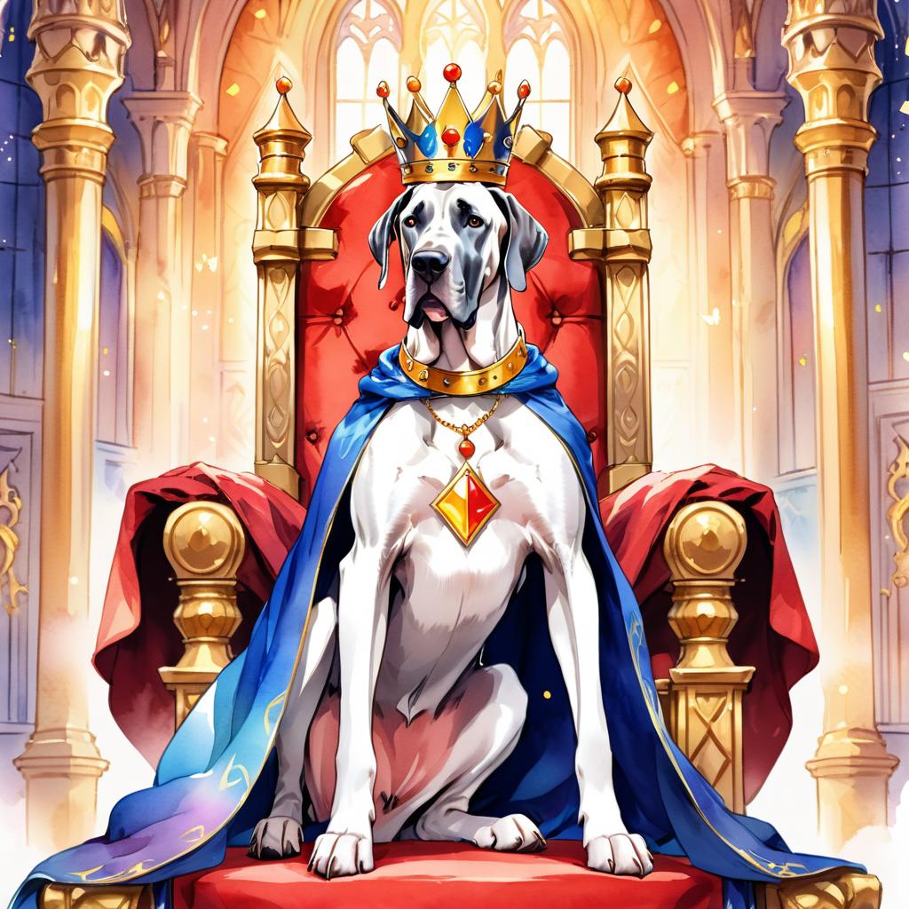 watercolor painting of great dane as a king in a magical castle, wearing a crown and robe, seated on a throne.